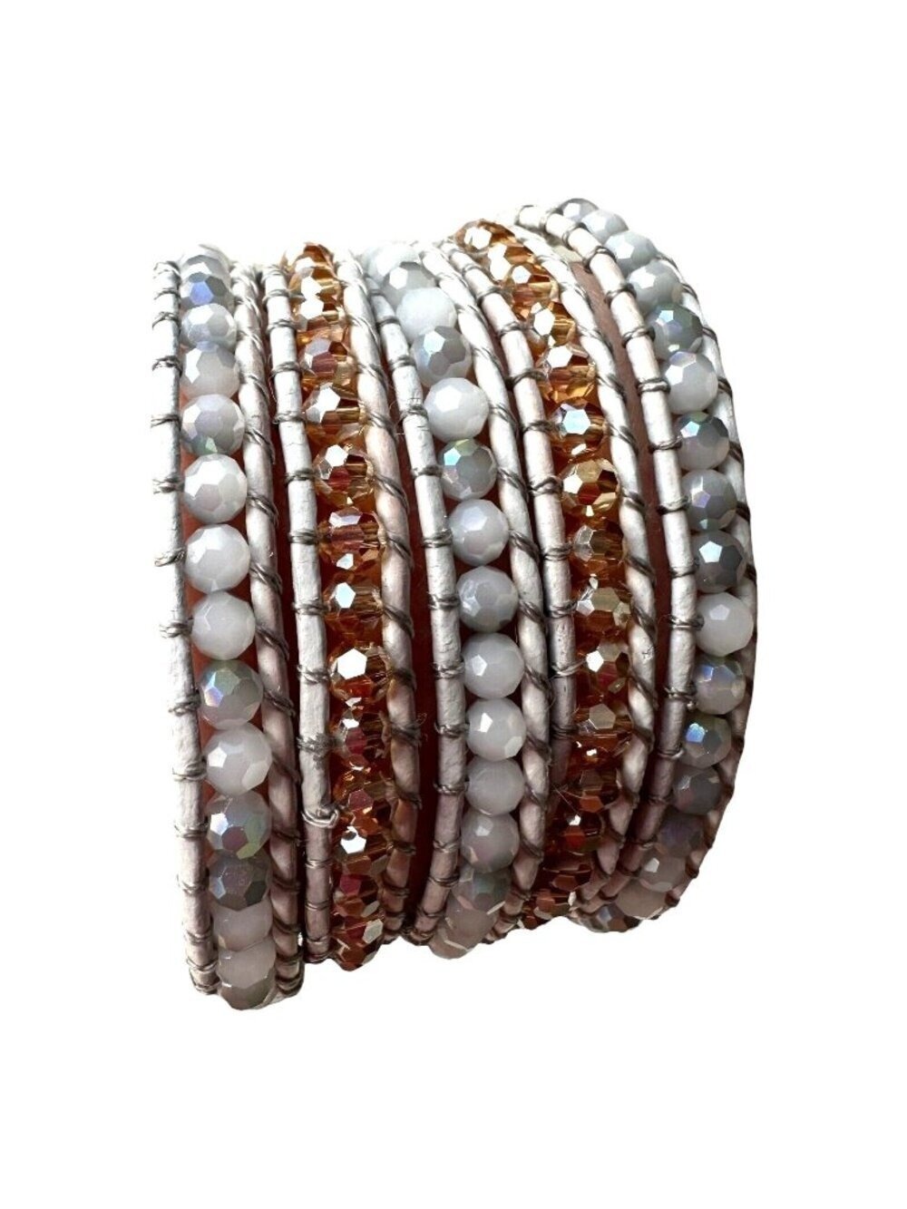 Victoria Emerson Leather Wrap Bracelet Quartz Crystal Beads 36" White Rose Gold
